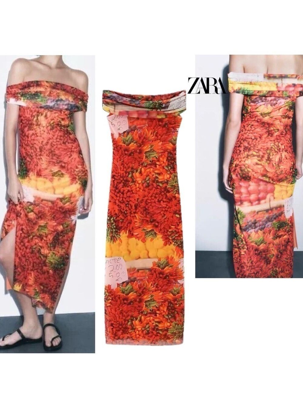 Zara red orange hot chili pepper fruit grape off shoulder bodycon midi dress S